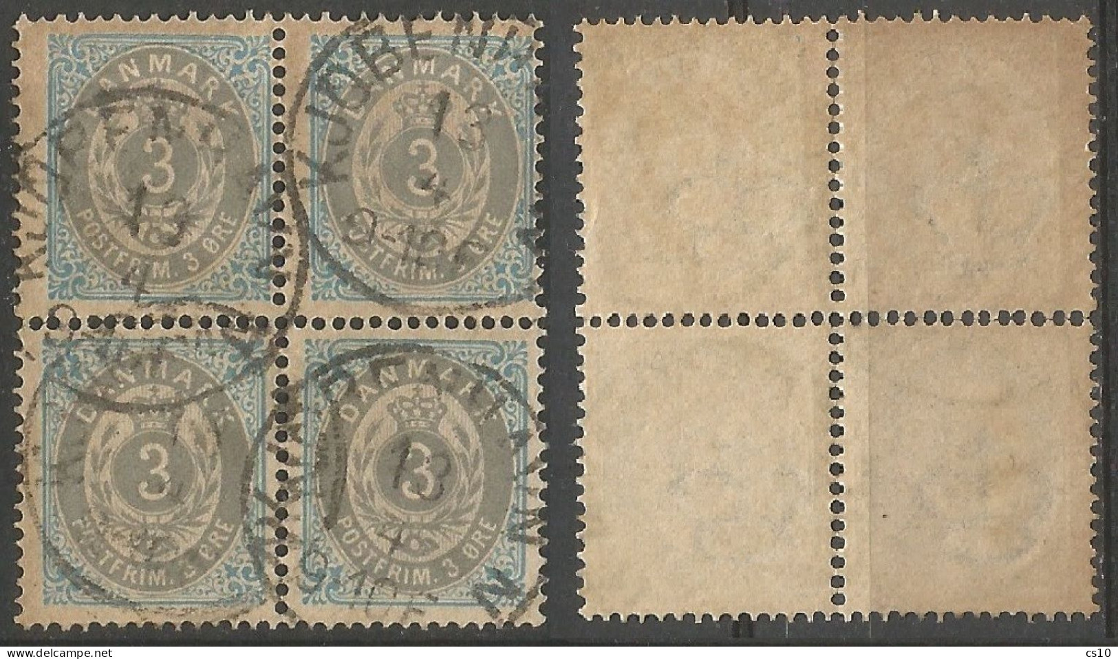 Danmark Christian IX Numbers 1875/79 WMK2 Perf.14x13.5 - Ore 3 Ultramarine & Grey Yv.#22Aa VFU In Block4 Kjobenhavn 13/4 - Gebruikt