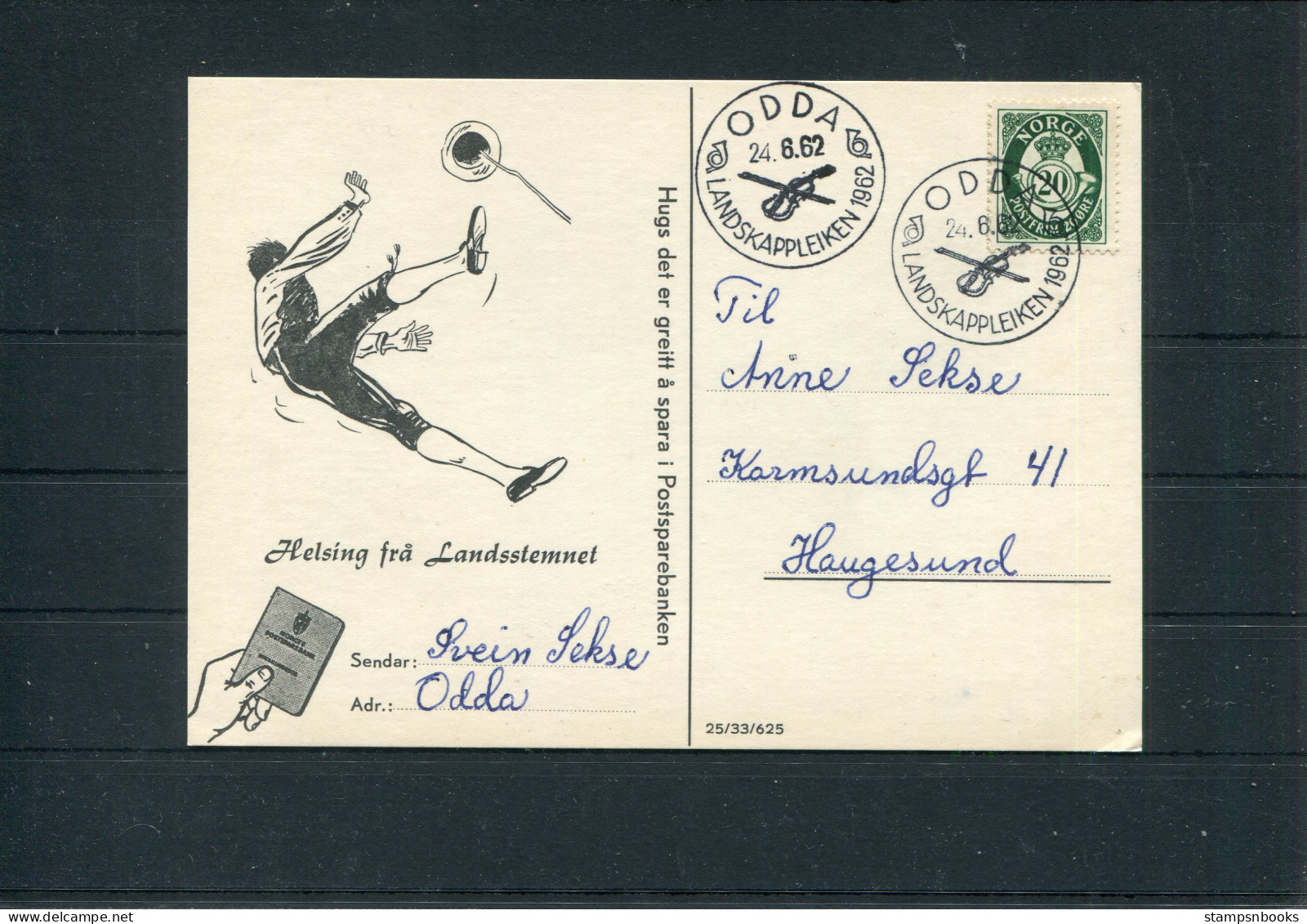 1962 Norway ODDA Landskappleinken Hilsen Fra Postsparesbanken Illustrated Postcard - Brieven En Documenten