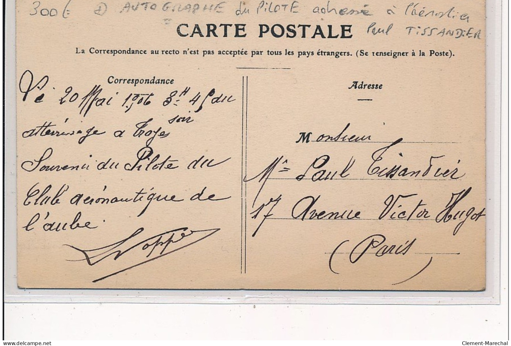 TROYES - Ascencion Du Ballon """"L'Aube""""  AUTOGRAPHE DU PILOTE à L'aérostier  Paul TISSANDIER - Très Bon état - Troyes