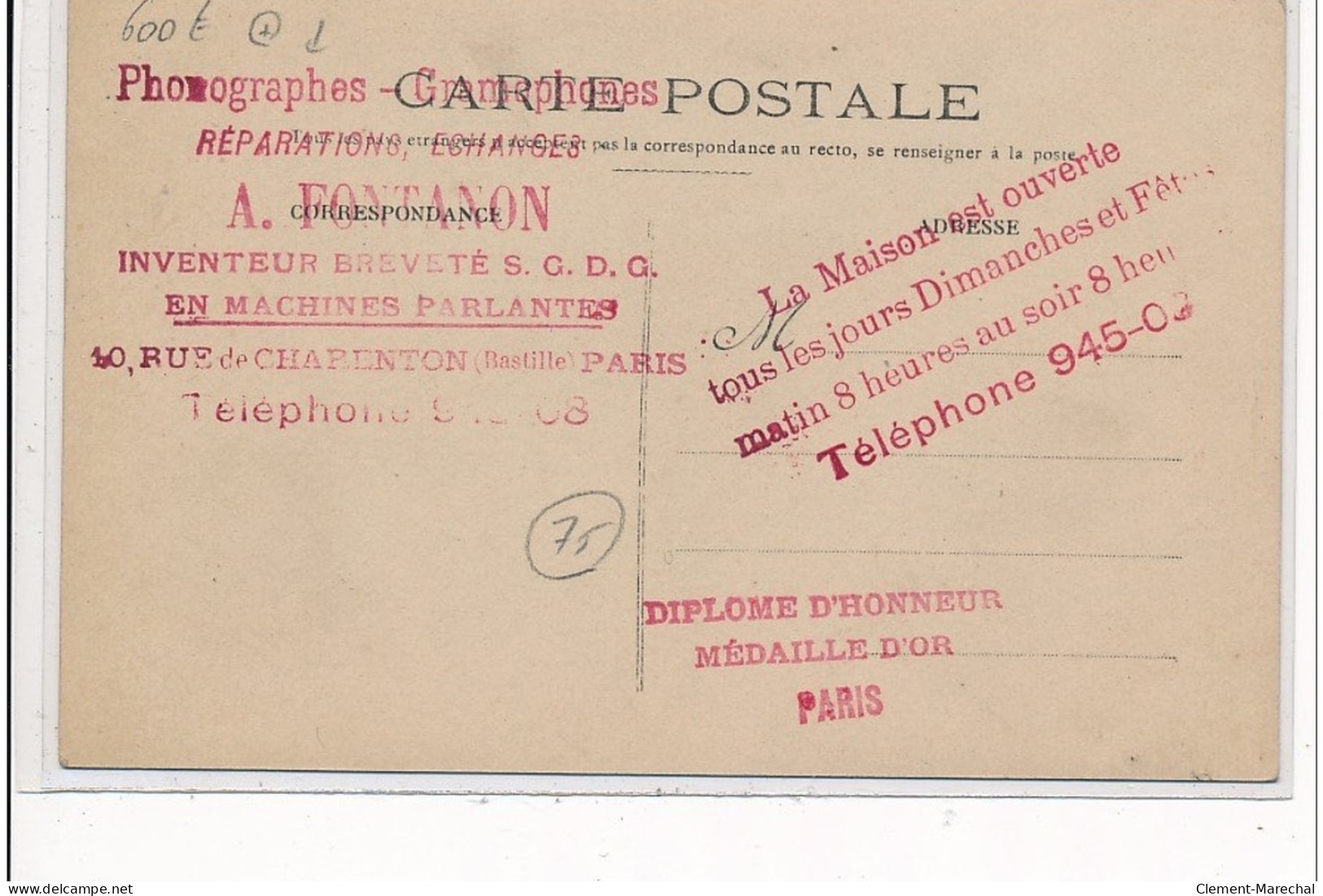 PARIS - Phonographes Grammophones A. Fontanon - 10, Rue De Charenton - Très Bon état - Arrondissement: 12