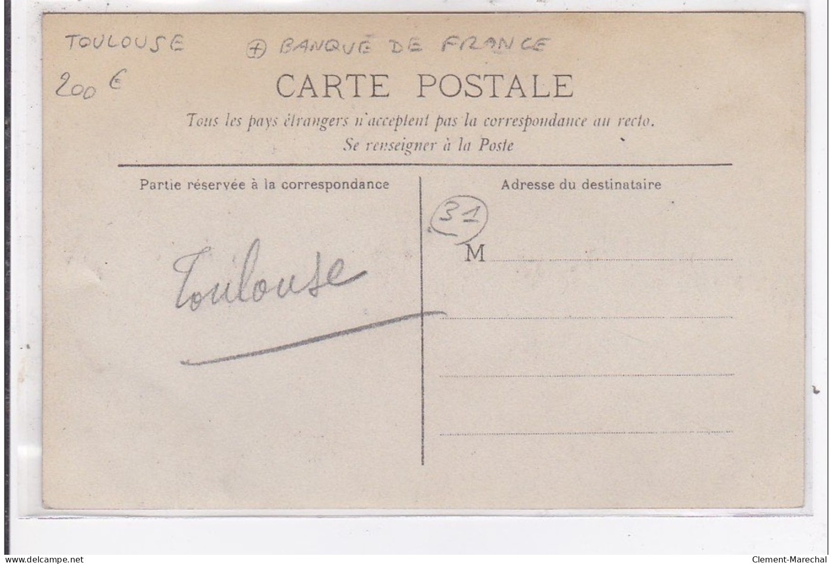 TOULOUSE : Carte Photo De La Banque De France Vers 1910  - Très Bon état - Toulouse