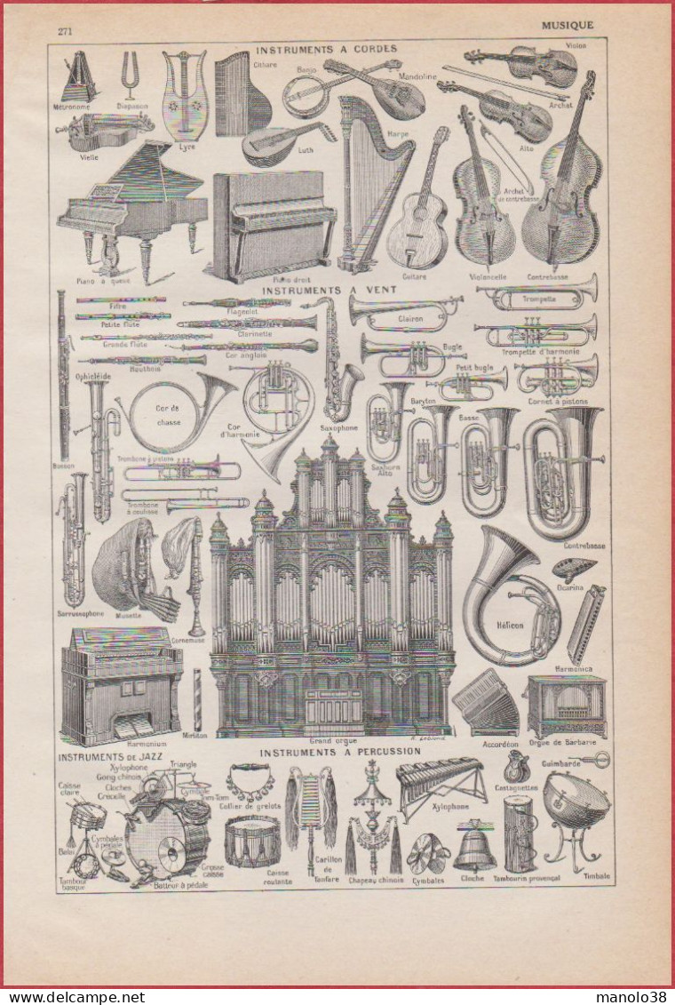 Musique. Instruments à Cordes, à Vent, à Percussion. Illustration René Leblond. Larousse 1948. - Historical Documents