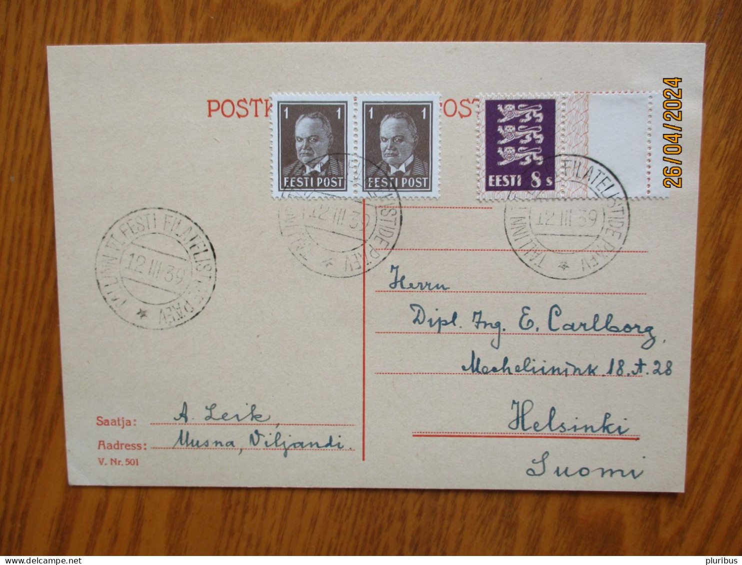 1939 TEMPORARY POST OFFICE TALLINN VI EESTI FILATELISTIDE PÄEV ON POSTCARD V.Nr. 501 , 1-1 - Estonia