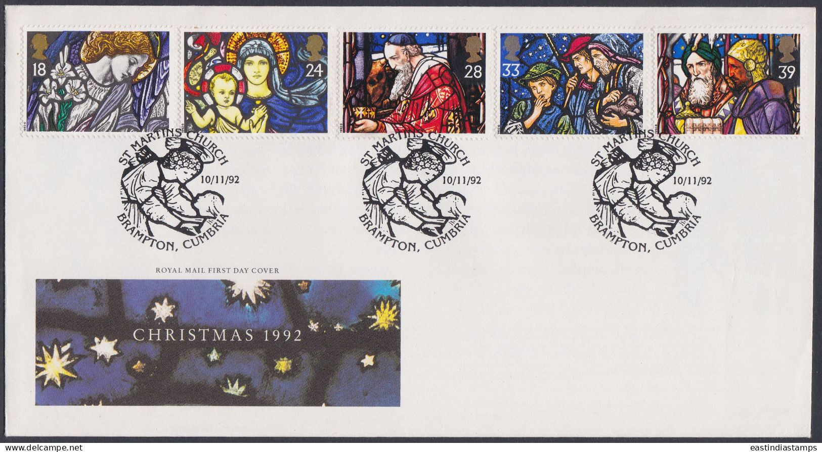 GB Great Britain 1992 FDC Christmas, Christianity, Christian, Religion, Festival, Pictorial Postmark, First Day Cover - Brieven En Documenten