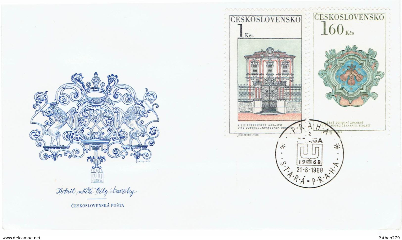 Enveloppe FDC 1er Jour Villa Amerika - Emblème De La Maison Des Trois Violons Prague 21-06-1968 - FDC