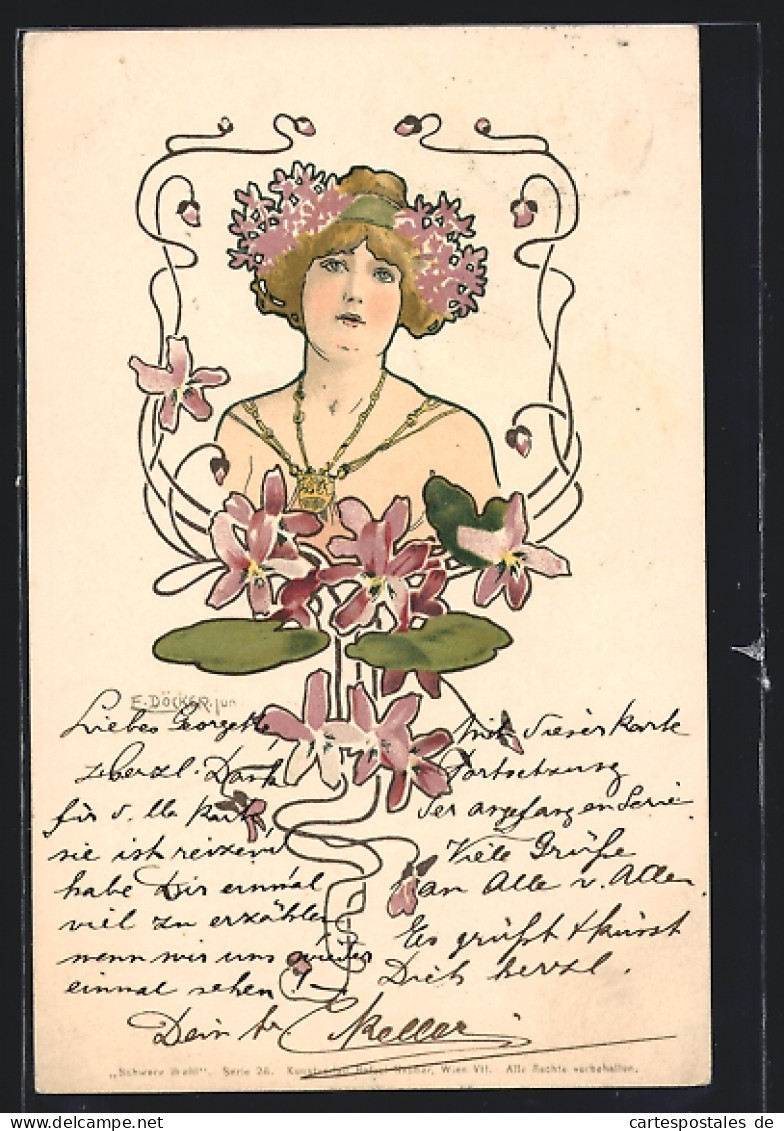 Künstler-AK E. Döcker: Schöne Frau Mit Blumen Im Haar Und Goldschmuck, Jugendstil  - Doecker, E.