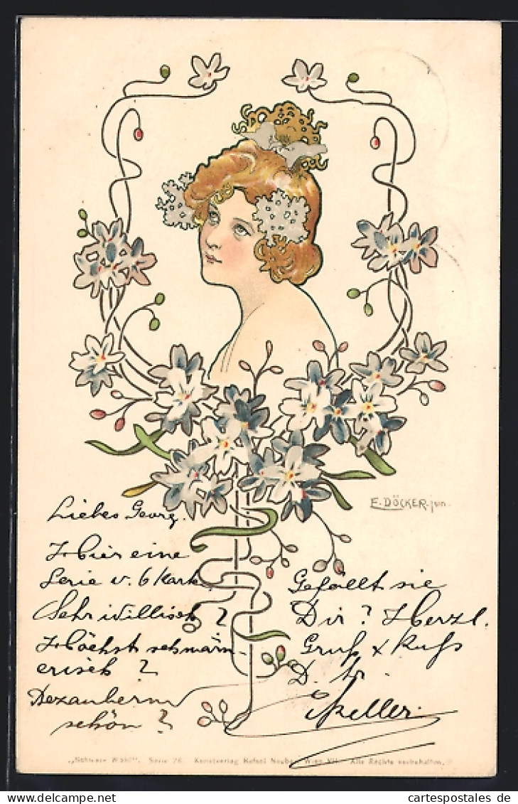 Künstler-AK E. Döcker: Frau Wird Von Blumen Umrahmt, Jugendstil  - Doecker, E.