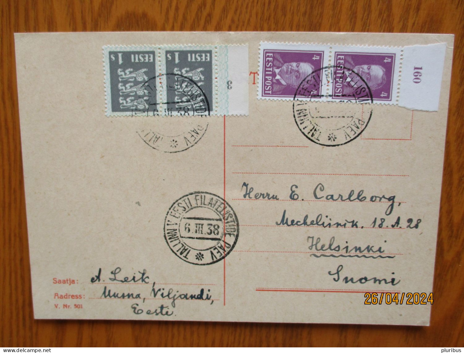 1938 TEMPORARY POST OFFICE TALLINN V EESTI FILATELISTIDE PÄEV ON POSTCARD V.Nr. 501 , 1-1 - Estland