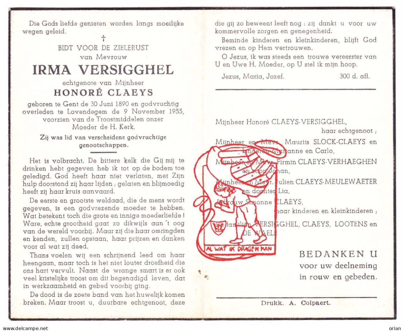 DP Irma Versigghel ° Gent 1890 † Lovendegem 1955 † Honoré Claeys // Slock Verhaeghen Meulewaeter Lootens De Waele - Imágenes Religiosas