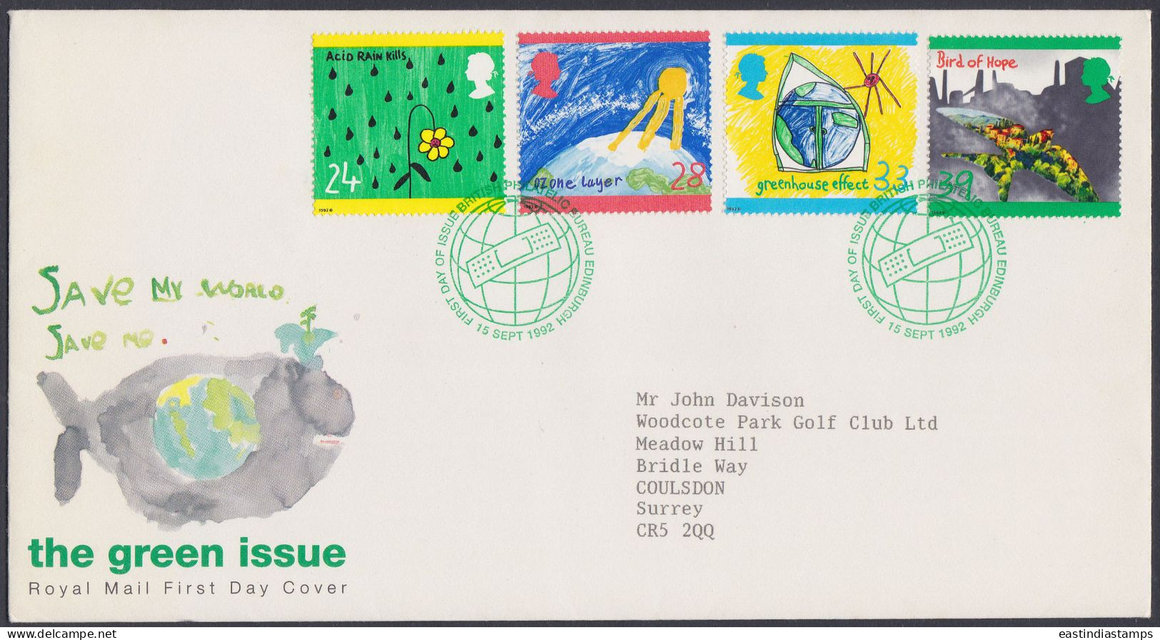 GB Great Britain 1992 FDC The Green Issue, Environment, Whale, Earth, Drawing Flower Pictorial Postmark, First Day Cover - Lettres & Documents