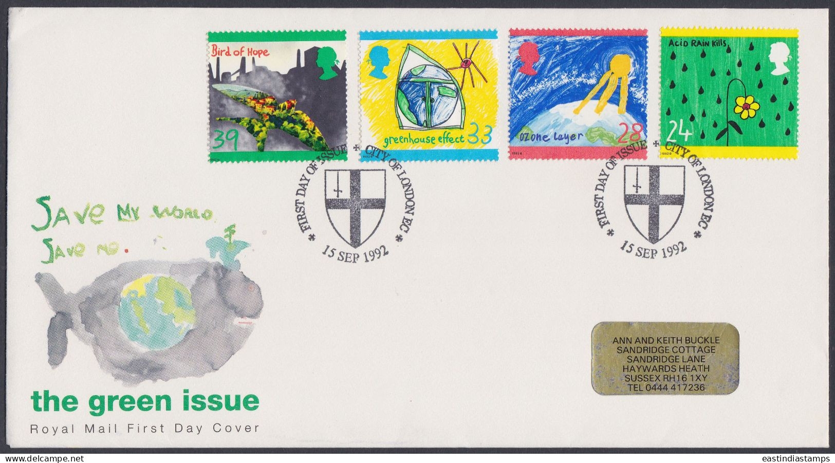 GB Great Britain 1992 FDC The Green Issue, Environment, Whale, Earth, Drawing Flower Pictorial Postmark, First Day Cover - Lettres & Documents