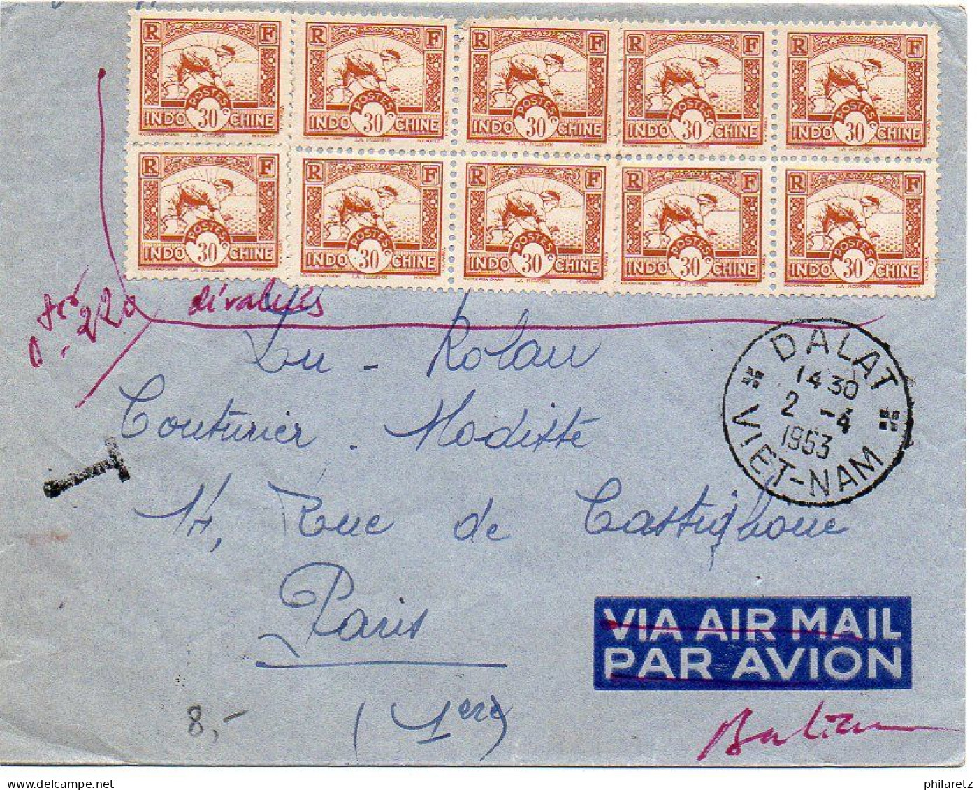 Indochine : Lettre Pour La France De 1953 - Timbres Non Oblitérés / Mention 'Dévalués' - Cachet T De Taxe Mais Non Taxée - Covers & Documents