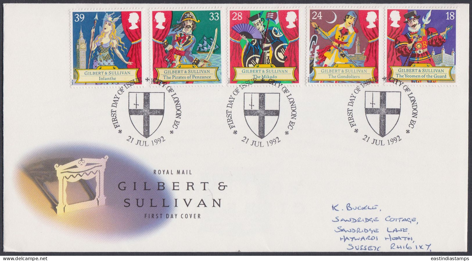 GB Great Britain 1992 FDC Gilbert And Sullivan, Play, Drama, Theatre, Culture, Pictorial Postmark, First Day Cover - Briefe U. Dokumente