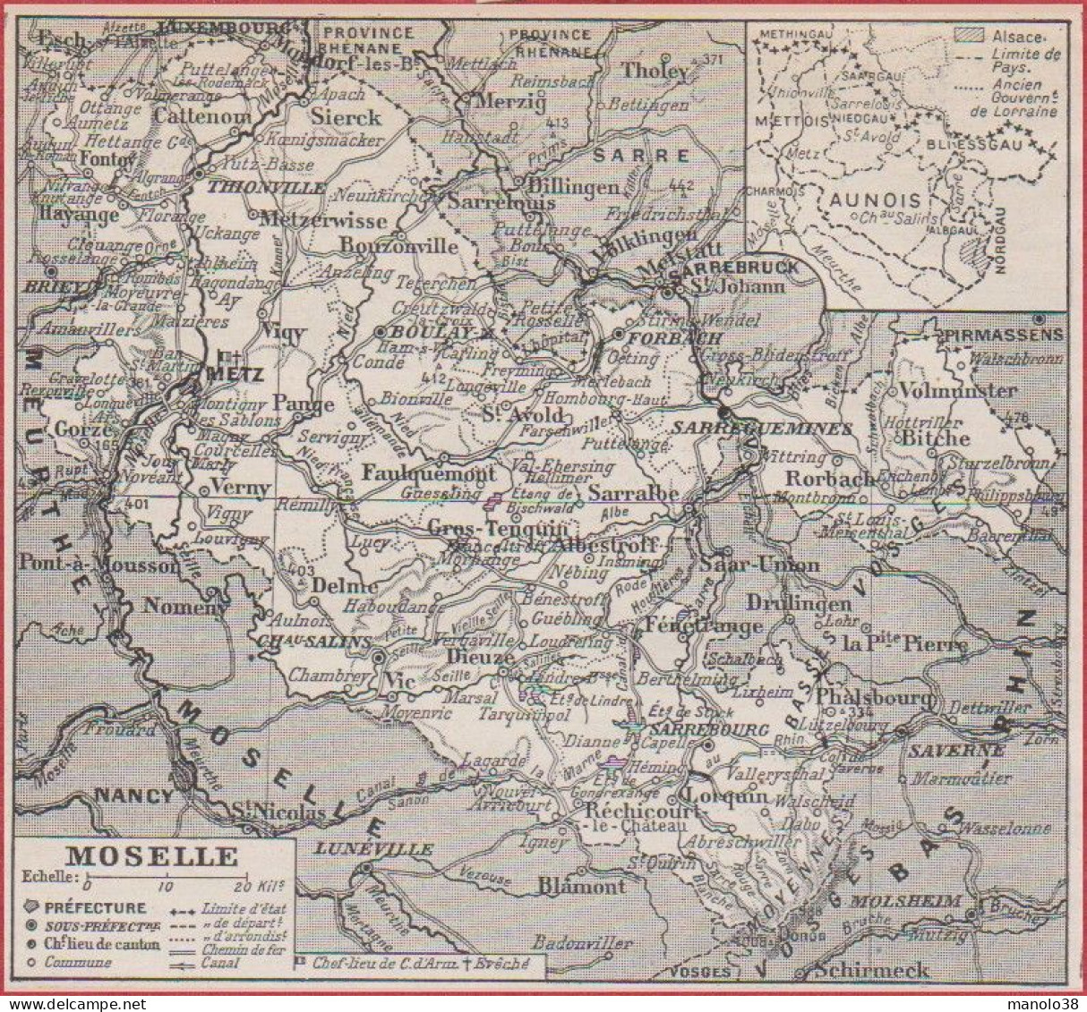 Carte Du Département De La Moselle (57). Préfecture, Sous Préfecture, Chef Lieu ... Chemin De Fer, Canal. Larousse 1948. - Historische Documenten