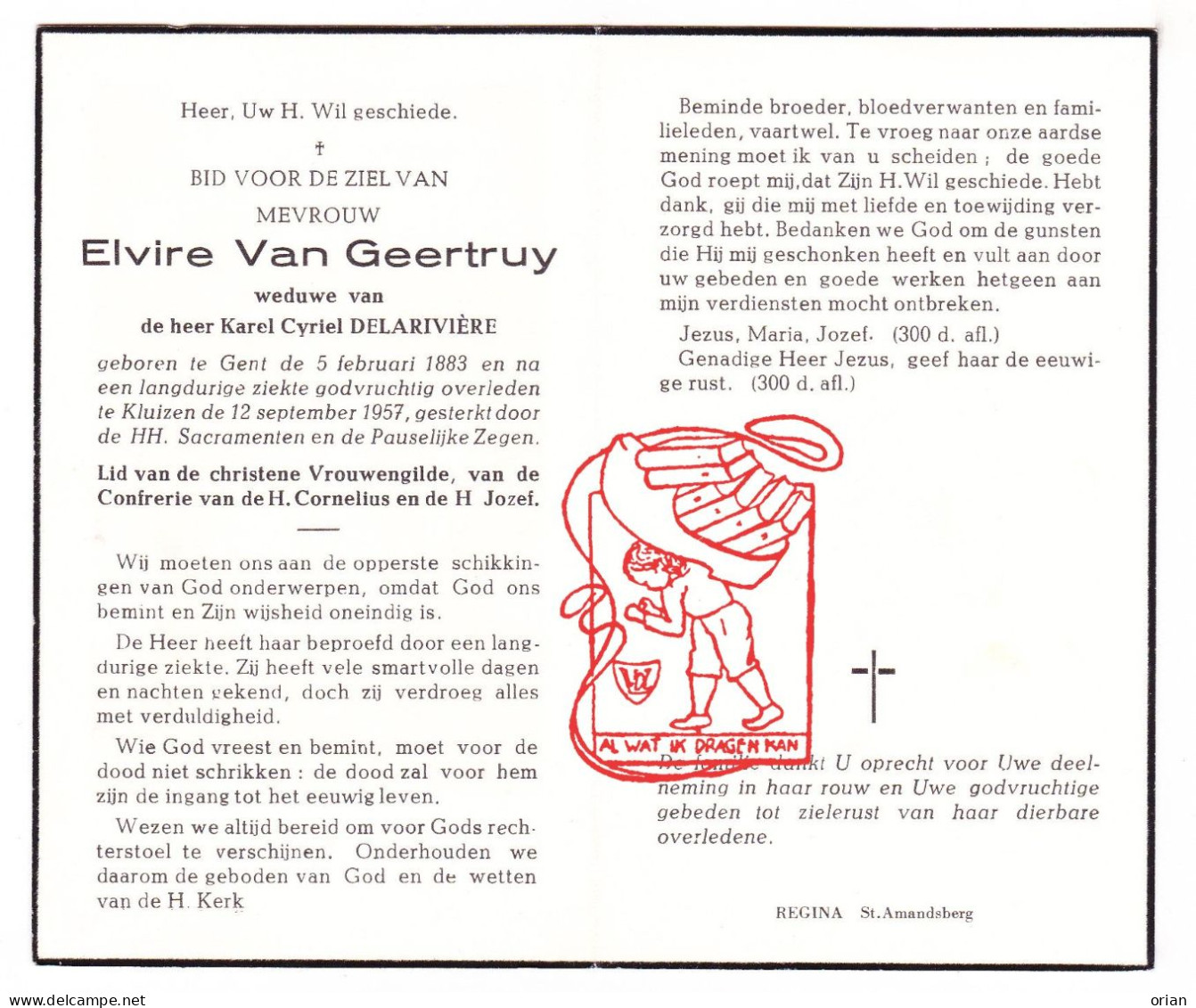 DP Elvire Van Geertruy ° Gent 1883 † Kluizen Evergem 1957 X Karel Cyriel Delarivière - Santini