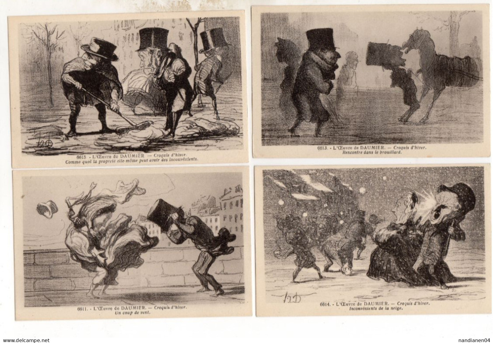 CPA - Illustrateur Daumier - Croquis D'Hiver - 4 Cartes - Autres & Non Classés