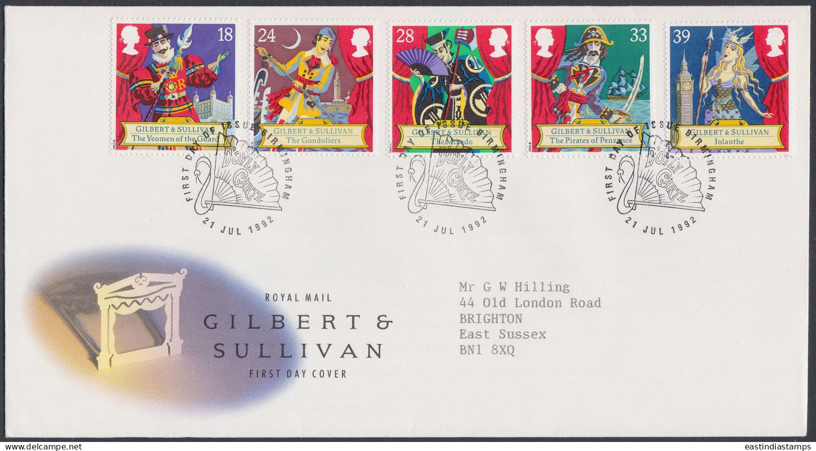 GB Great Britain 1992 FDC Gilbert And Sullivan, Play, Drama, Theatre, Culture, Pictorial Postmark, First Day Cover - Brieven En Documenten