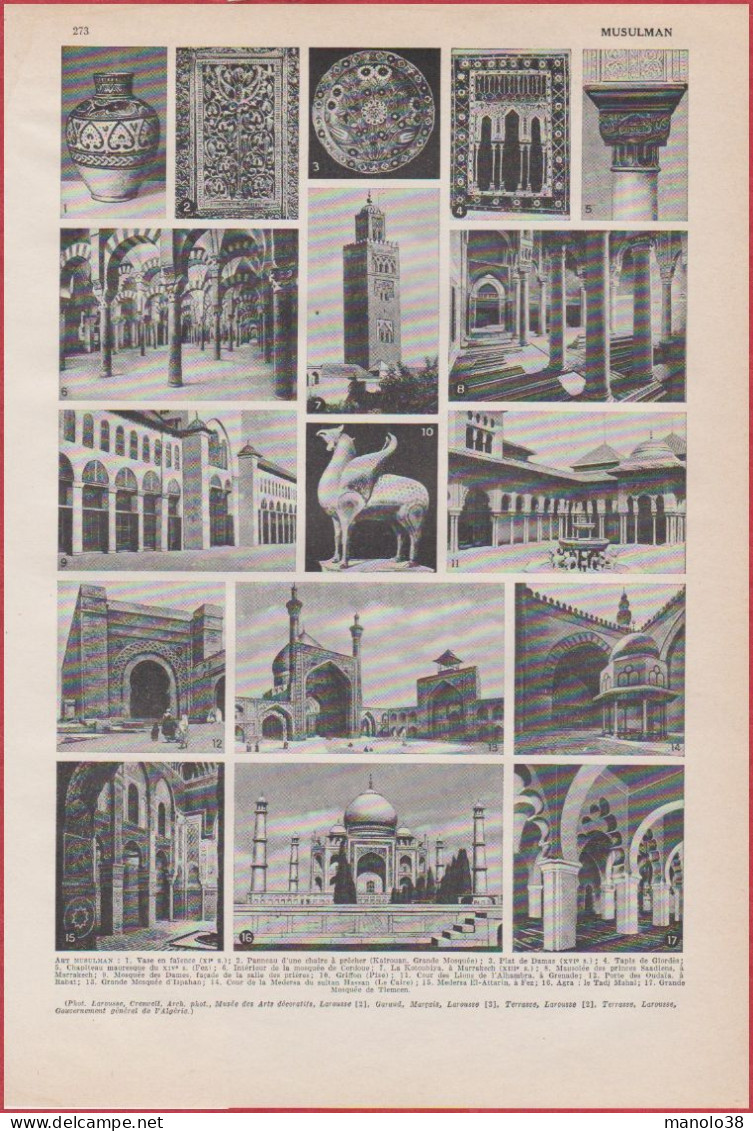 Art Musulman. Religion. Objets D'art. Architecture. Larousse 1948. - Historical Documents