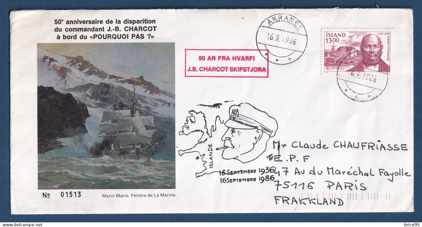 Islande - 50 ème Anniversaire De La Disparition Du Commandant J.B. Charcot à Bord Du Pourquoi Pas - 1986 - Brieven En Documenten