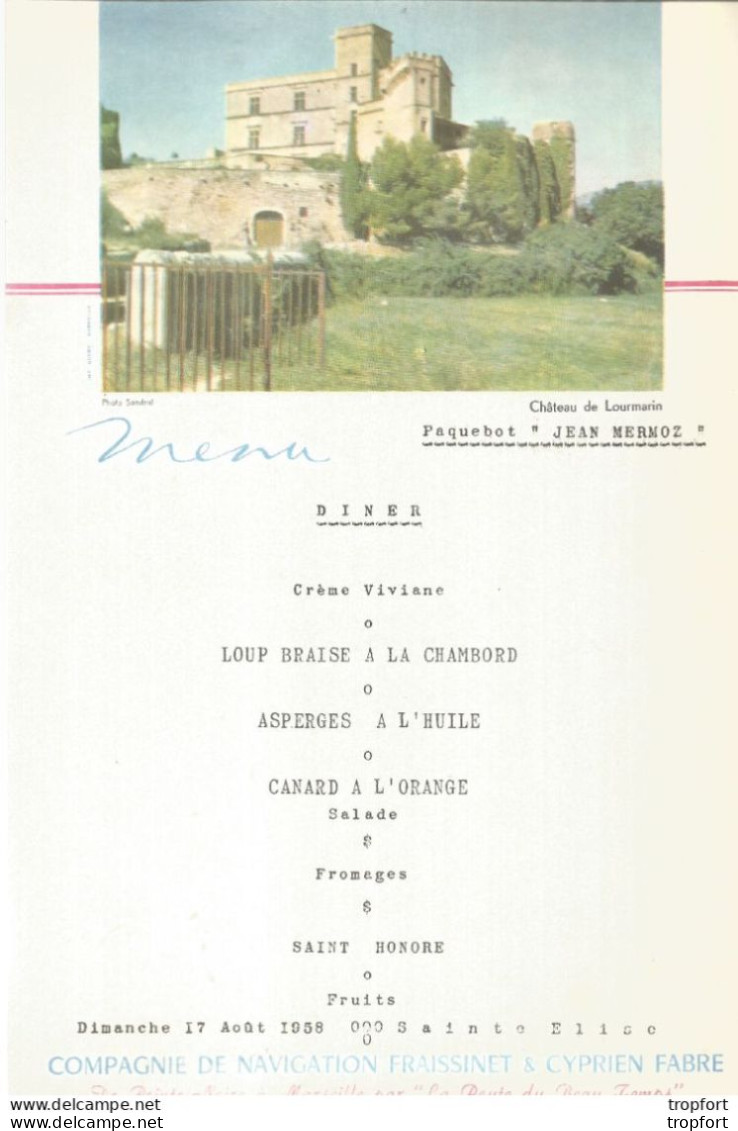 Menu Ancien Paquebot JEAN MERMOZ DINER 1958 CHATEAU DE LOURMARIN - Menú