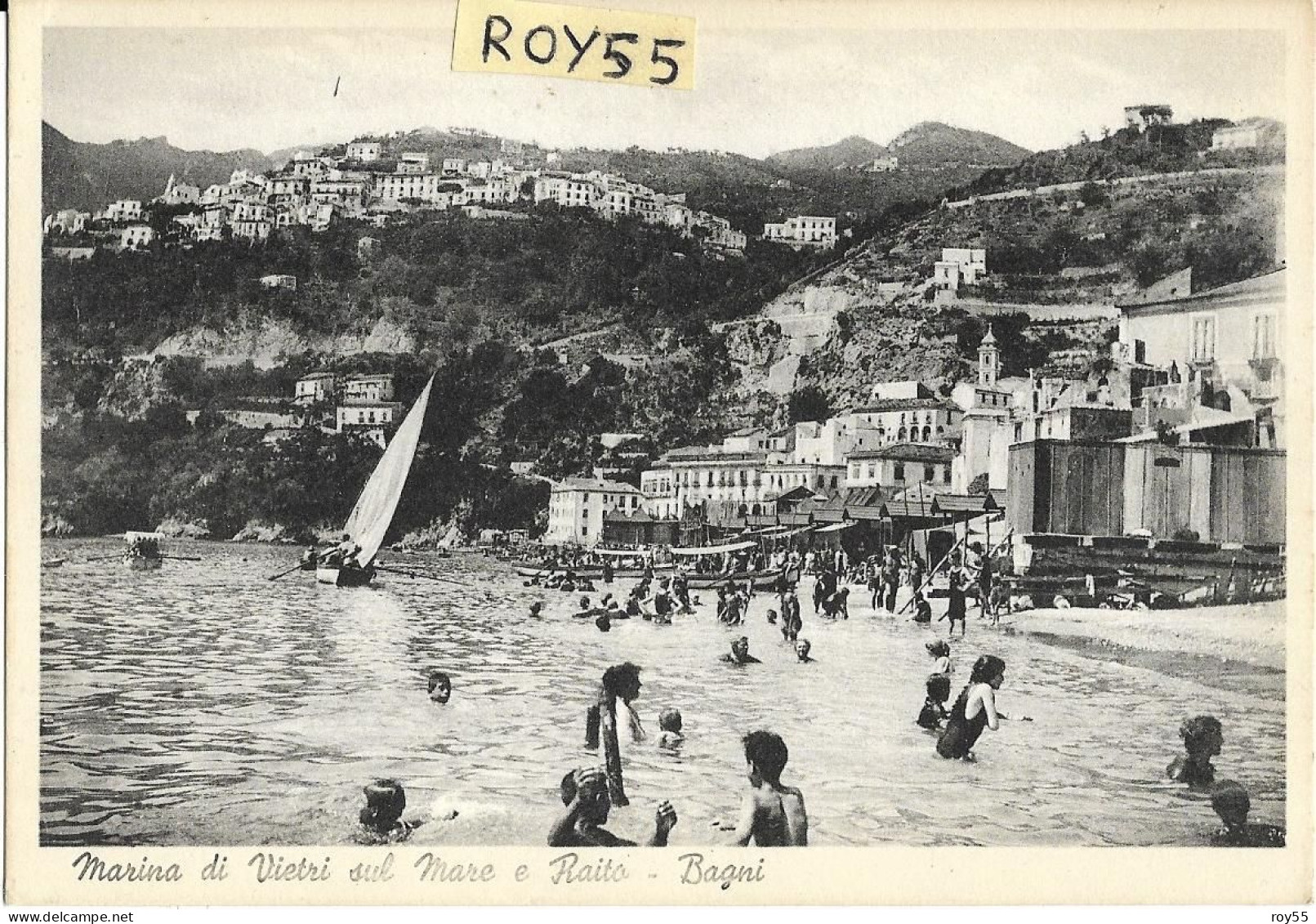 Campania-salerno- Vietri  Sul Mare Marina Di Vietri E Raito  Bagni Veduta Bagnanti Vela Riva Animatissima Anni 40 50 - Otros & Sin Clasificación