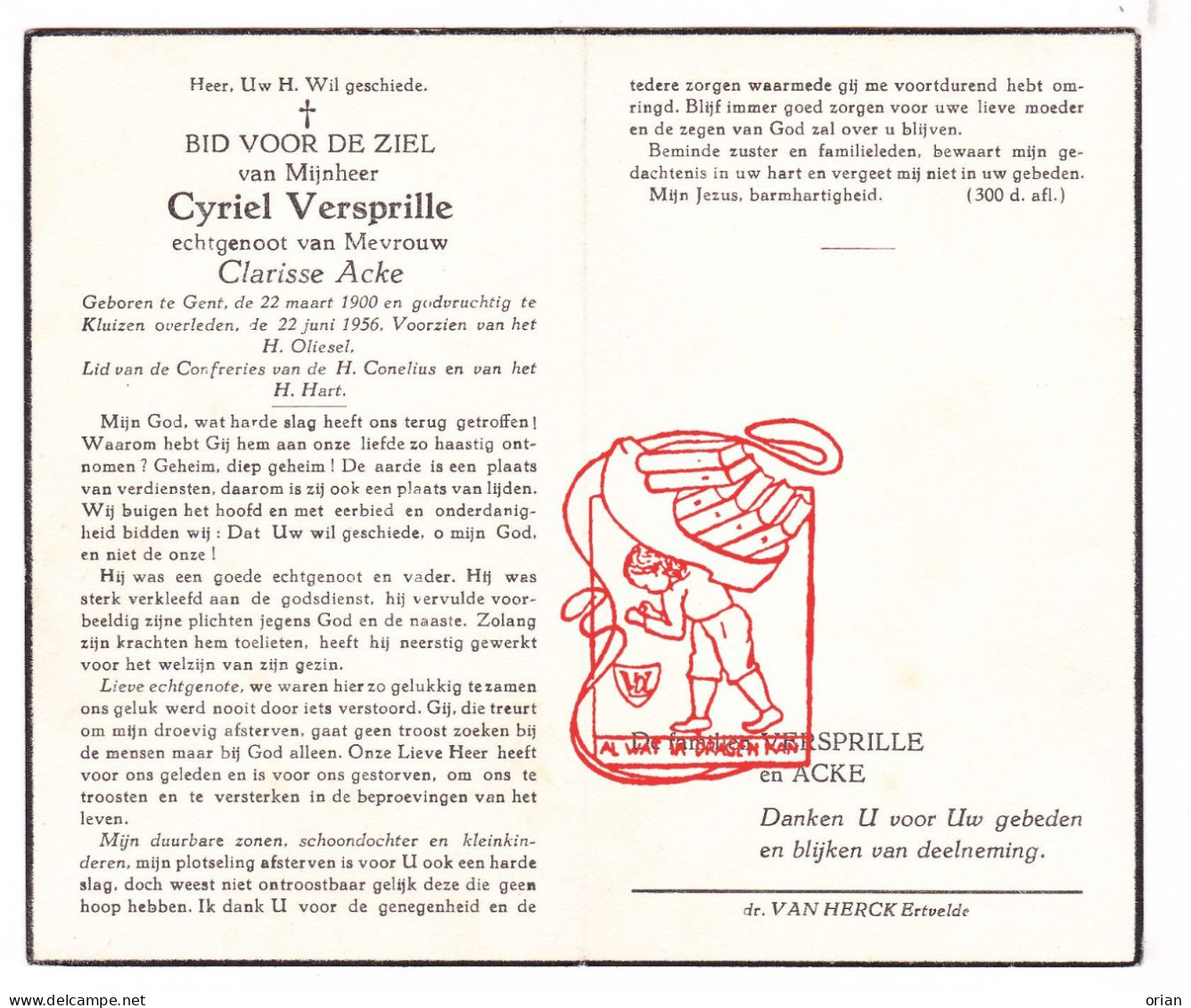 DP Cyriel Verspille ° Gent 1900 † Kluizen Evergem 1956 X Clarisse Acke - Devotieprenten