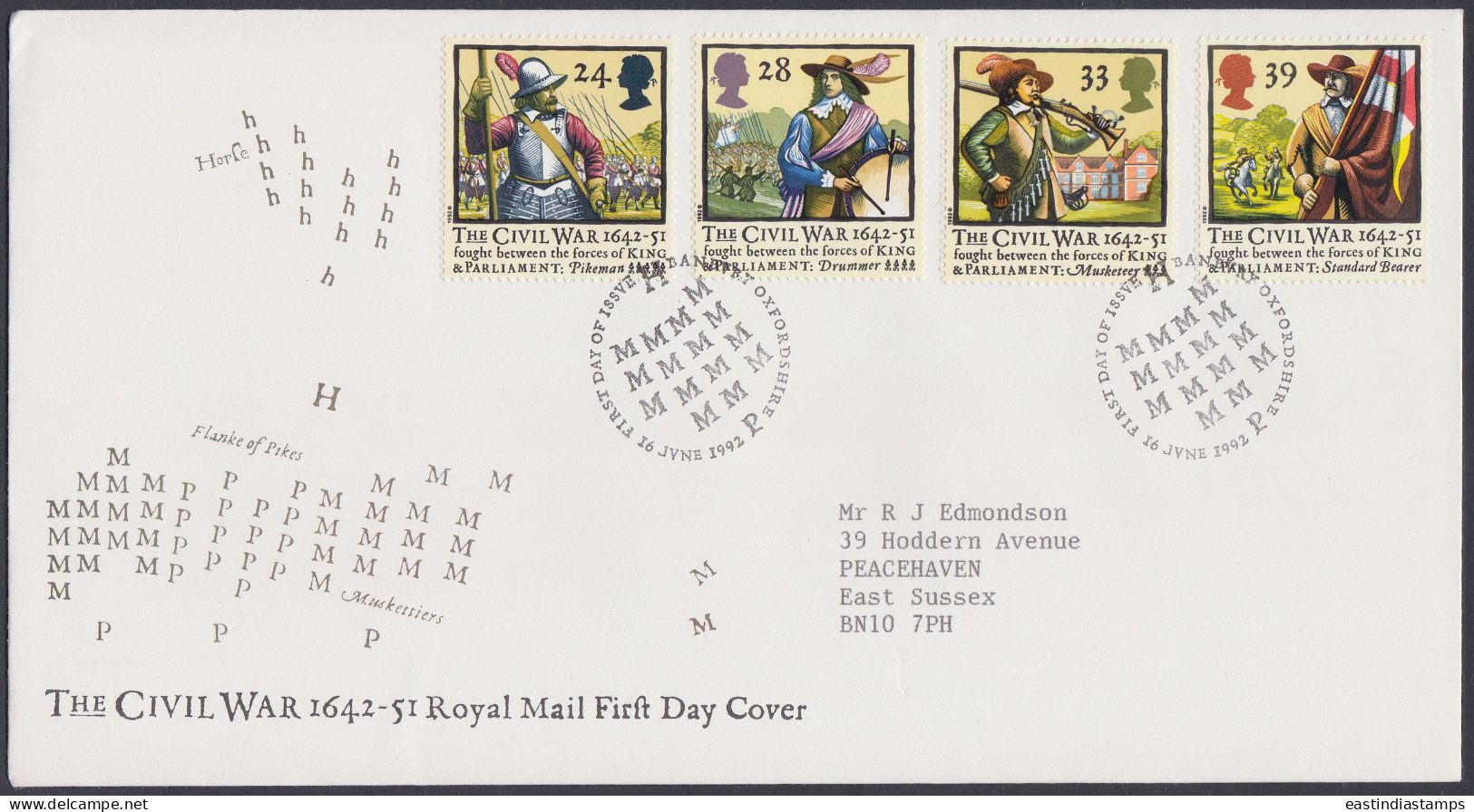 GB Great Britain 1992 FDC The Civil War, King Charles, Oliver Cromwell, English, Pictorial Postmark, First Day Cover - Brieven En Documenten