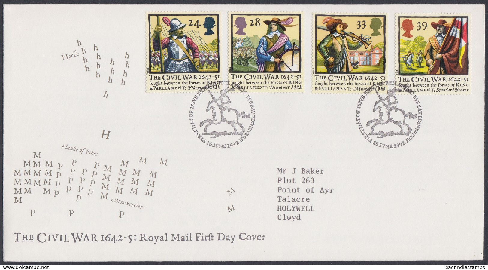 GB Great Britain 1992 FDC The Civil War, King Charles, Oliver Cromwell, English, Pictorial Postmark, First Day Cover - Briefe U. Dokumente