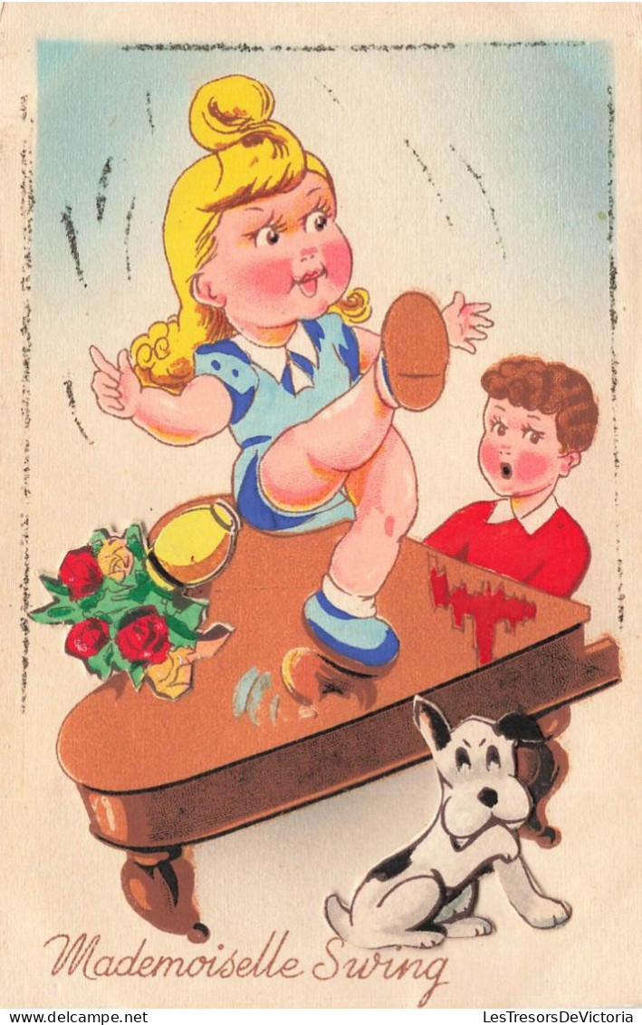 ILLUSTRATEURS - SIGNES - Enfants - Jeune Fille - Garçon - Chien - Fleurs - Mademoiselle Swing - Carte Postale Ancienne - Autres & Non Classés