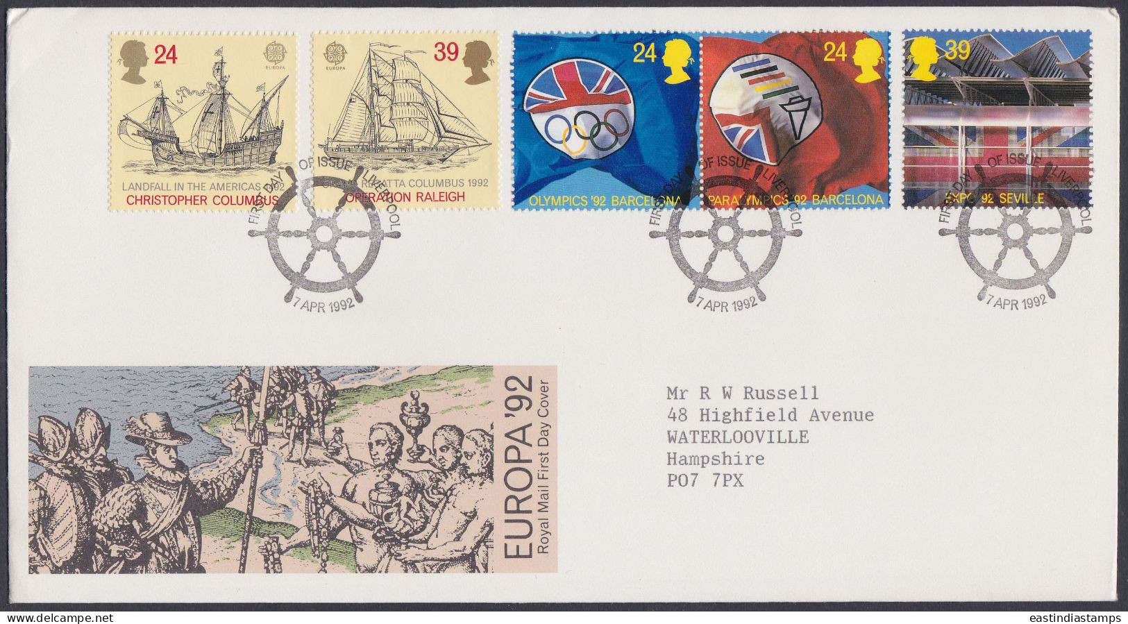 GB Great Britain 1992 FDC Europa Olympics, Columbus, Boat, Ship, Flag, Raleigh, Pictorial Postmark, First Day Cover - Brieven En Documenten