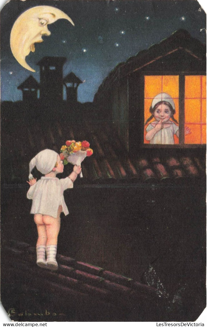 ILLUSTRATEURS - NON SIGNES - Enfants - Garçon - Fille - Bouquet De Fleur - Nuit - Carte Postale Ancienne - Non Classés