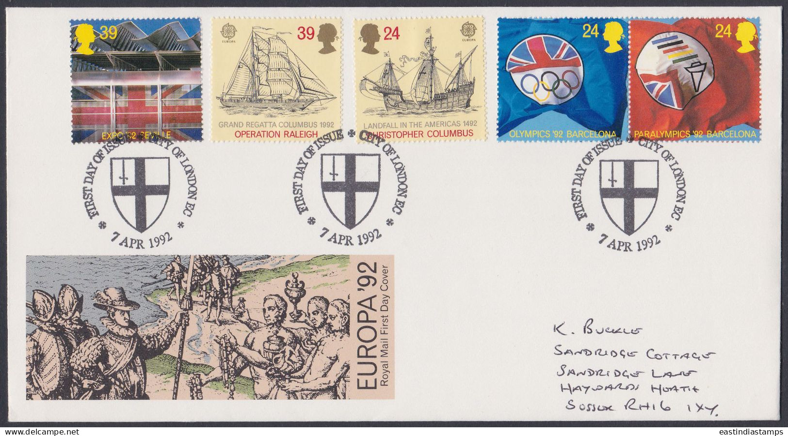 GB Great Britain 1992 FDC Europa Olympics, Columbus, Boat, Ship, Flag, Raleigh, Pictorial Postmark, First Day Cover - Lettres & Documents