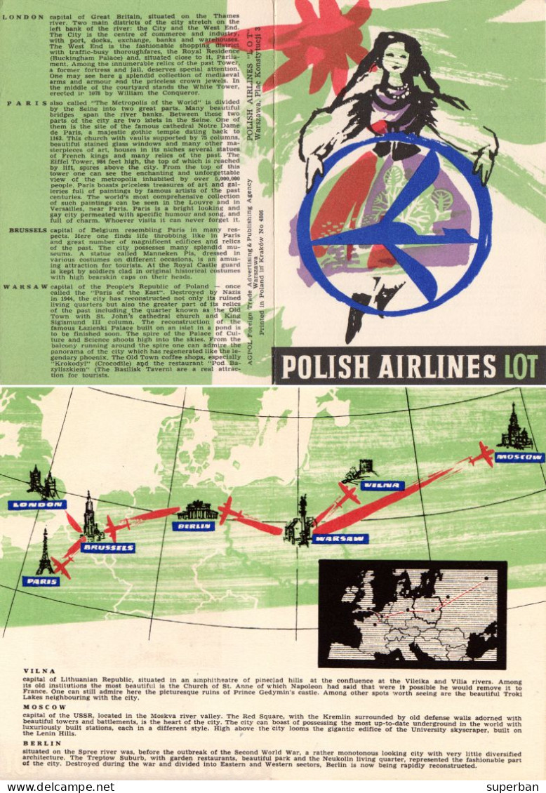 AVIATION CIVILE : ROUTE MAP / CARTE De ROUTE : POLISH AIRLINES LOT / ADVERTISING LEAFLET / DÉPLIANT ~ 1955 - '65 (an604) - 1946-....: Modern Era