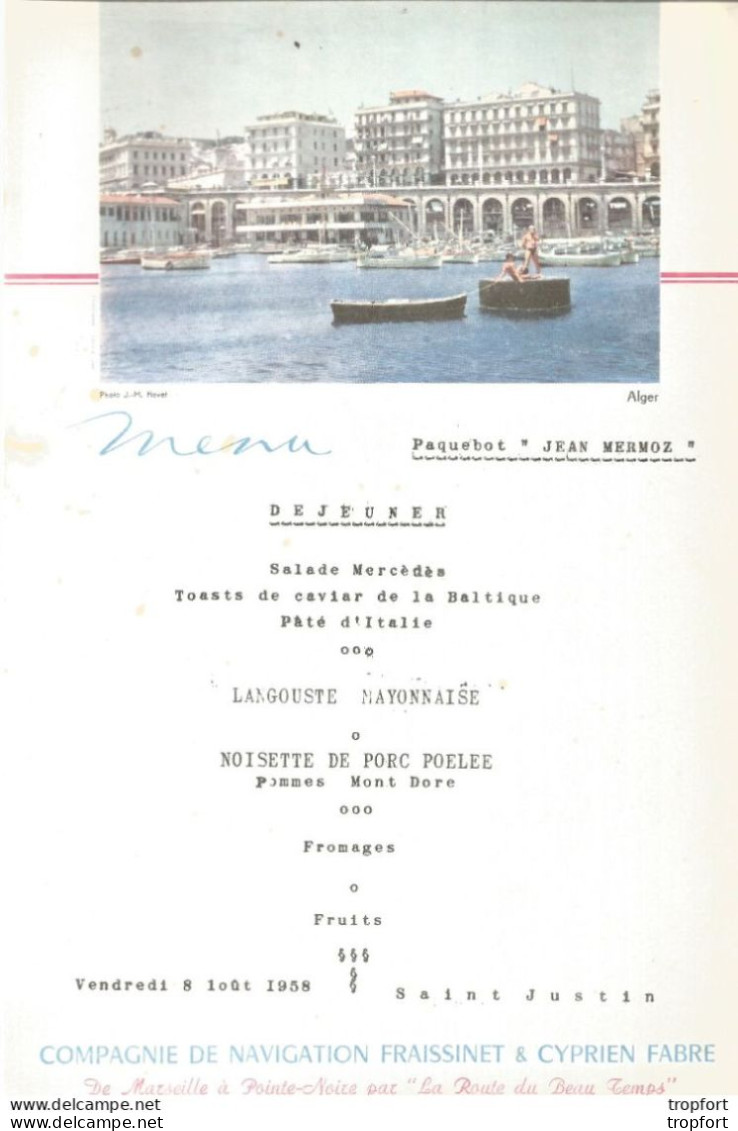 Menu Ancien Paquebot JEAN MERMOZ DINER 1958 ALGER Algérie - Menú