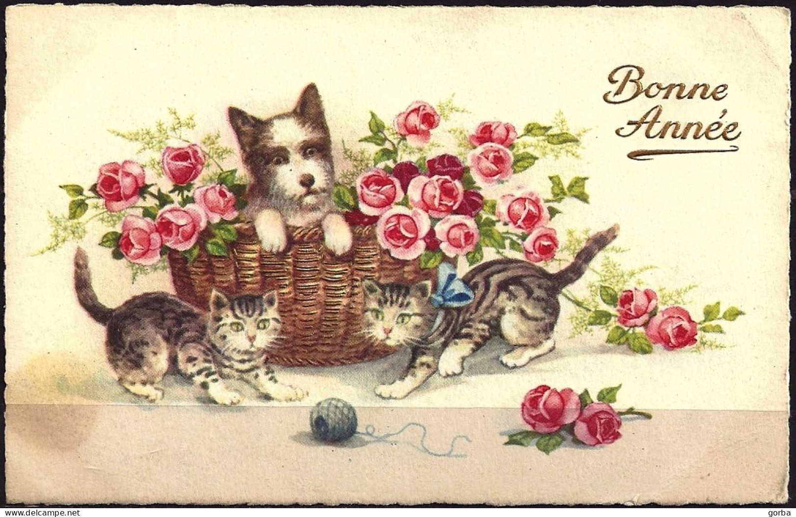 *CPA - S5 -  Bonne Année - 1 Chien Et 2 Chats Dans Un Panier De Fleurs - Nieuwjaar