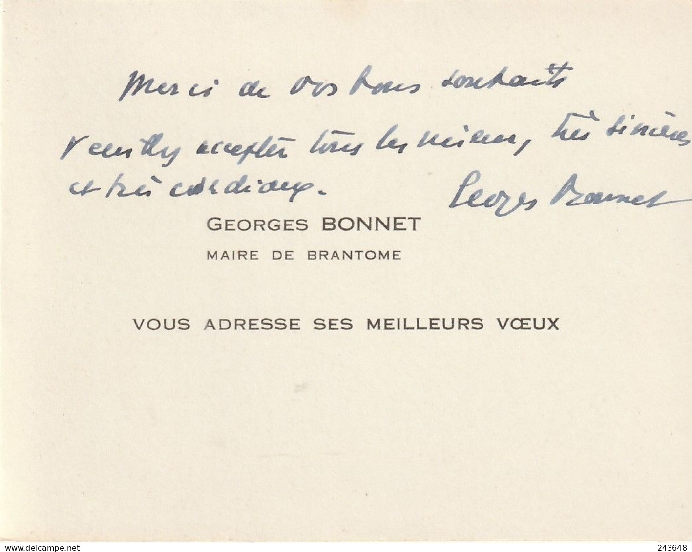 Brantôme Carte De Voeux Signée Georges Bonnet - Brantome