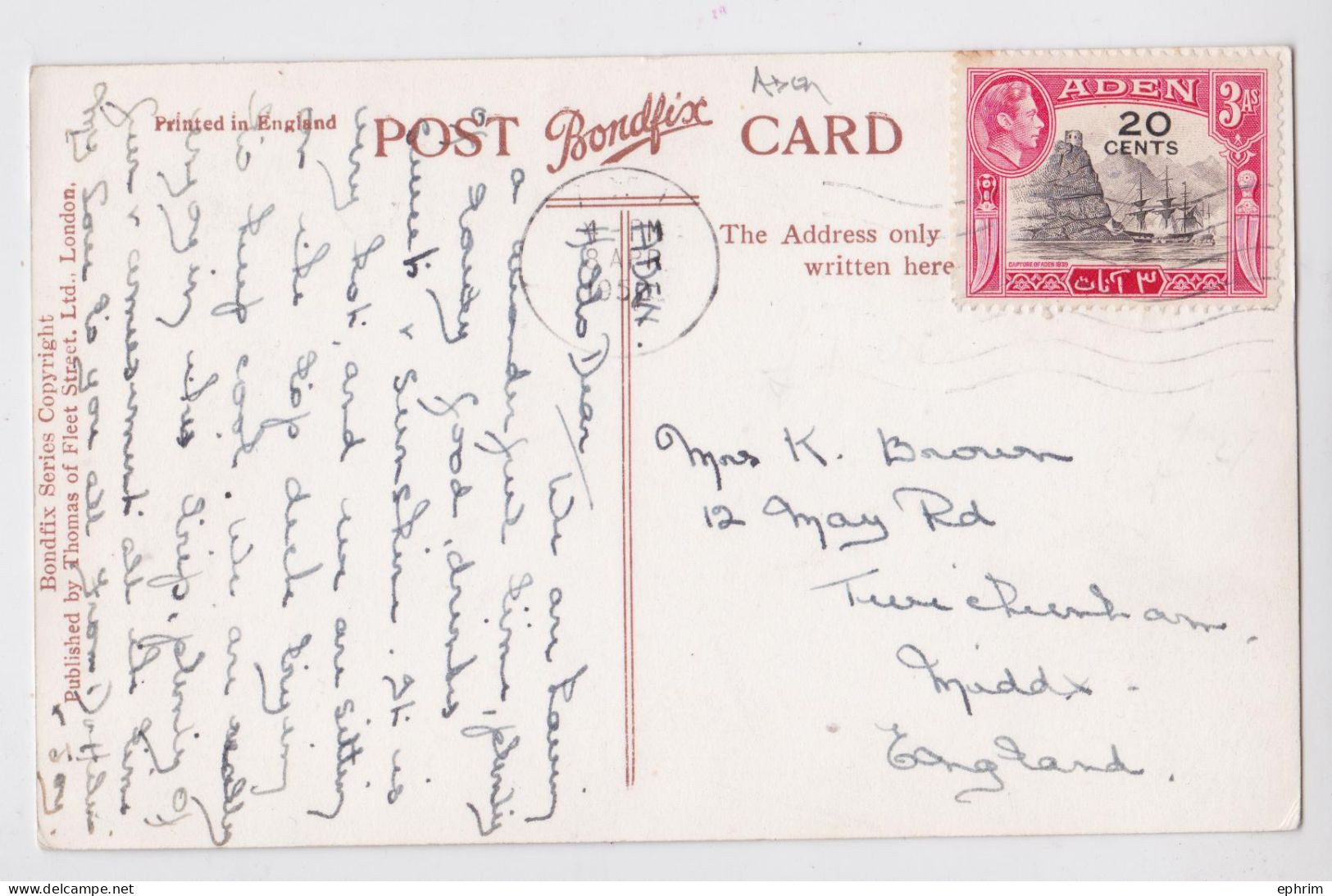 British Aden Stamp Air Mail Postcard To Twickenham 1950 - Aden (1854-1963)