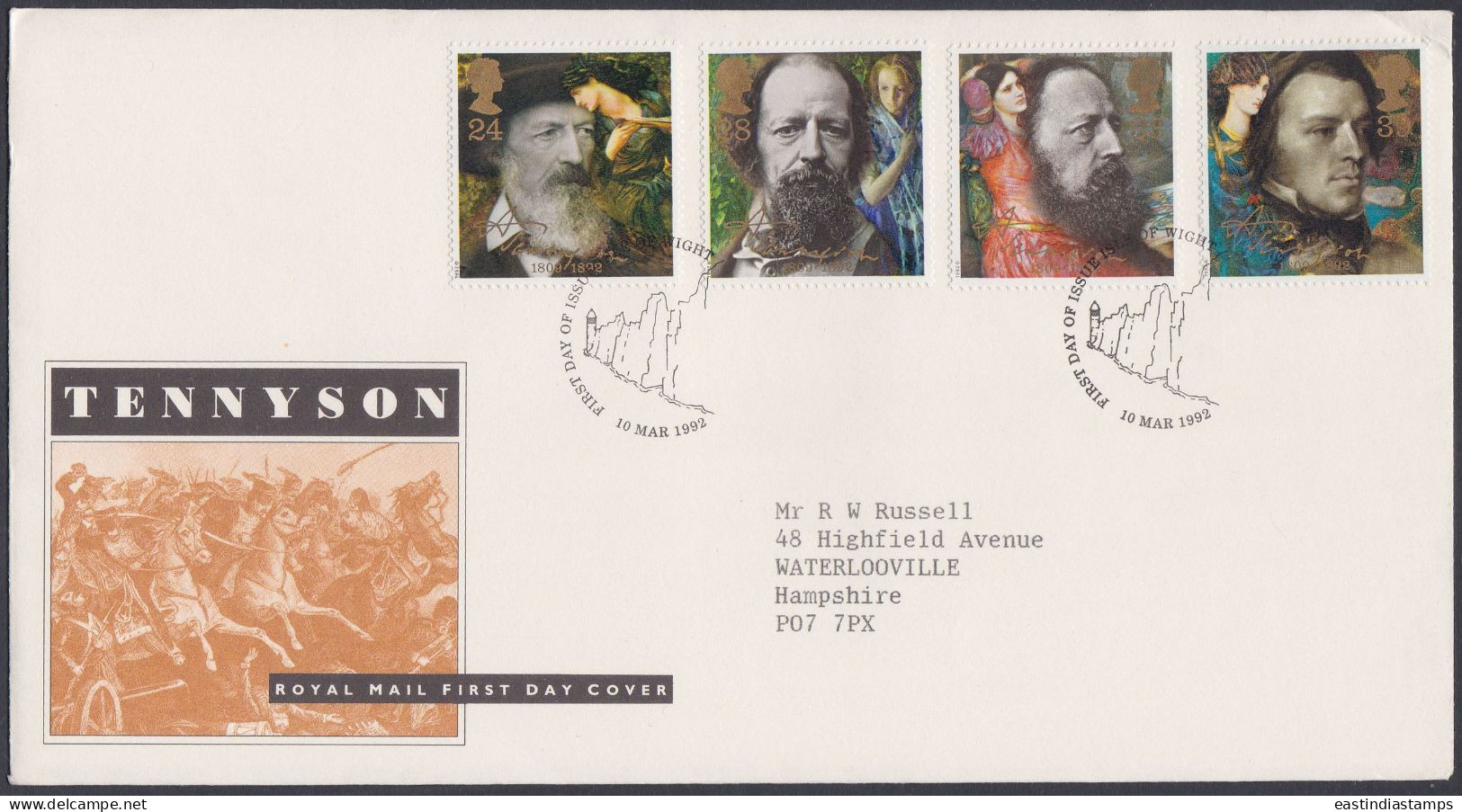 GB Great Britain 1992 FDC Alfred Tennyson, Literature, English Poet, Poetry, Pictorial Postmark, First Day Cover - Lettres & Documents