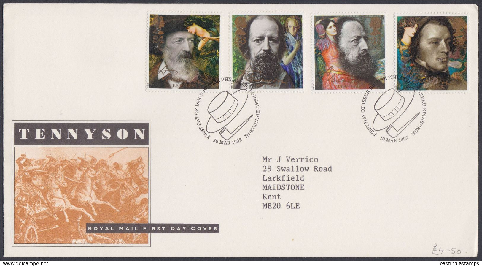 GB Great Britain 1992 FDC Alfred Tennyson, Literature, English Poet, Poetry, Pictorial Postmark, First Day Cover - Briefe U. Dokumente