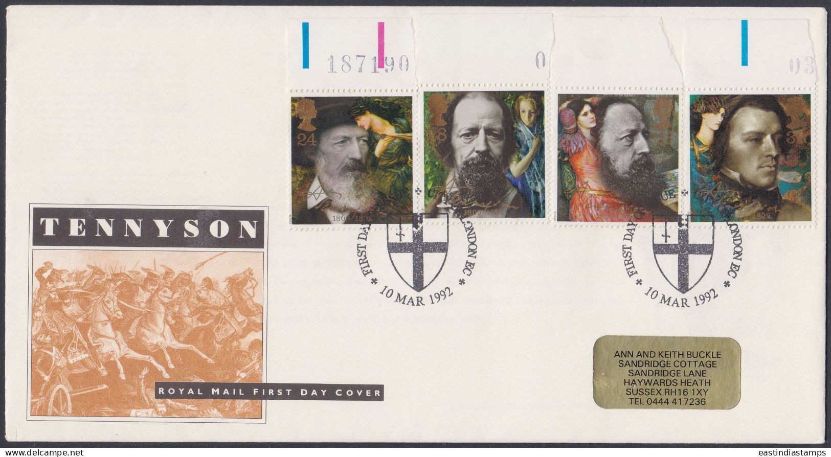 GB Great Britain 1992 FDC Alfred Tennyson, Literature, English Poet, Poetry, Pictorial Postmark, First Day Cover - Brieven En Documenten