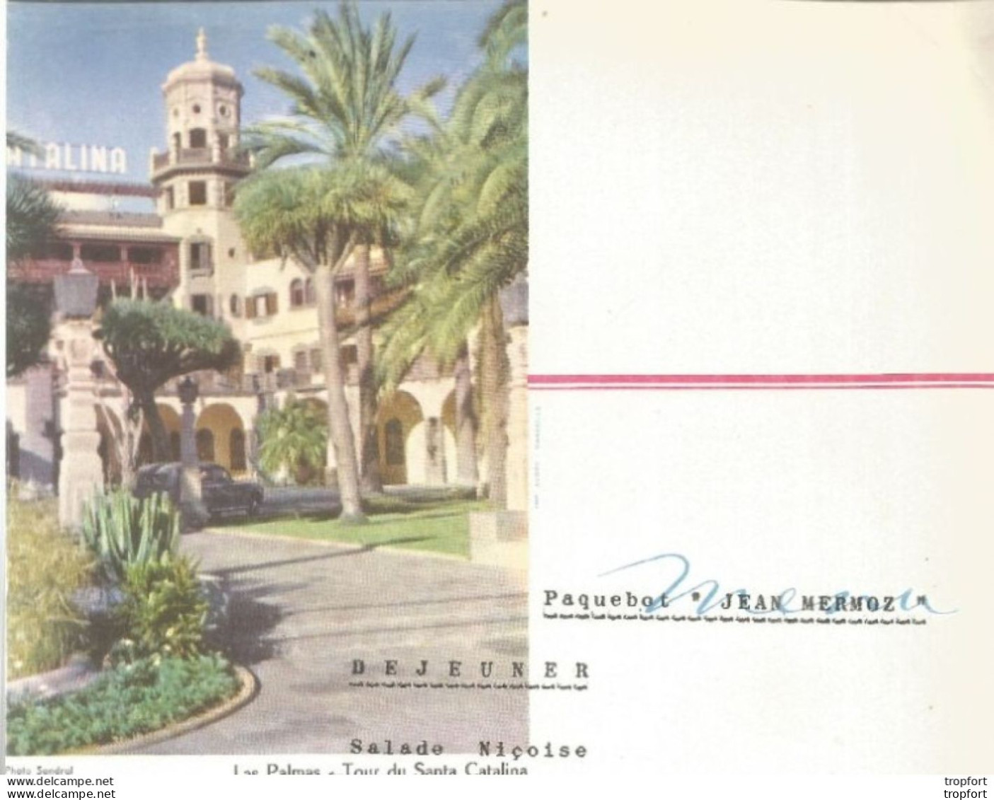 Menu Ancien Paquebot JEAN MERMOZ DINER 1958 LAS PALMAS TOUR DE SANTA CATALINA - Menükarten