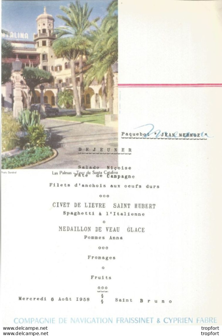 Menu Ancien Paquebot JEAN MERMOZ DINER 1958 LAS PALMAS TOUR DE SANTA CATALINA - Menükarten