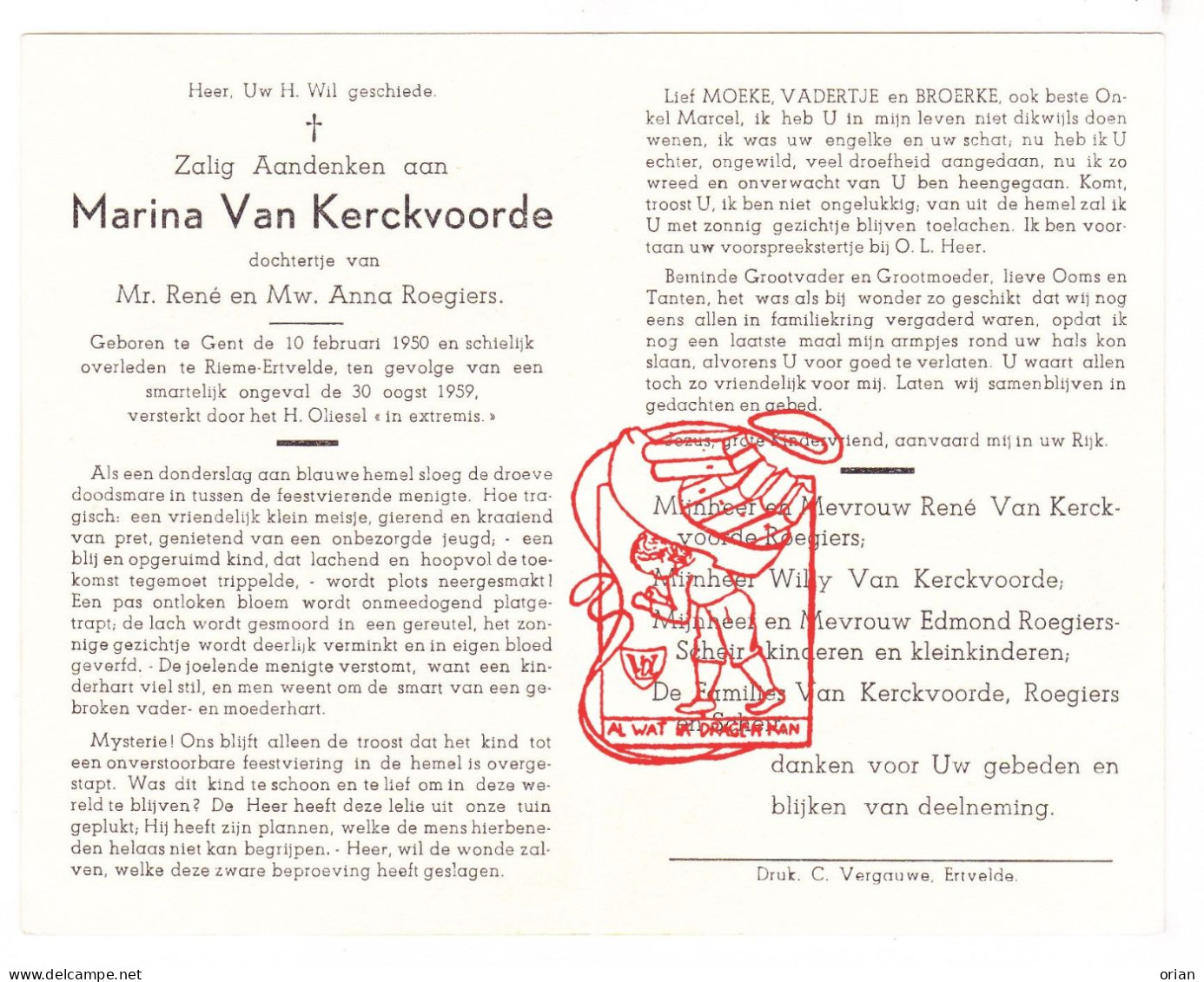 DP Marina Van Kerckvoorde / Roegiers 9j. ° Gent 1950 † Rieme Ertvelde Evergem 1959 Scheir - Images Religieuses