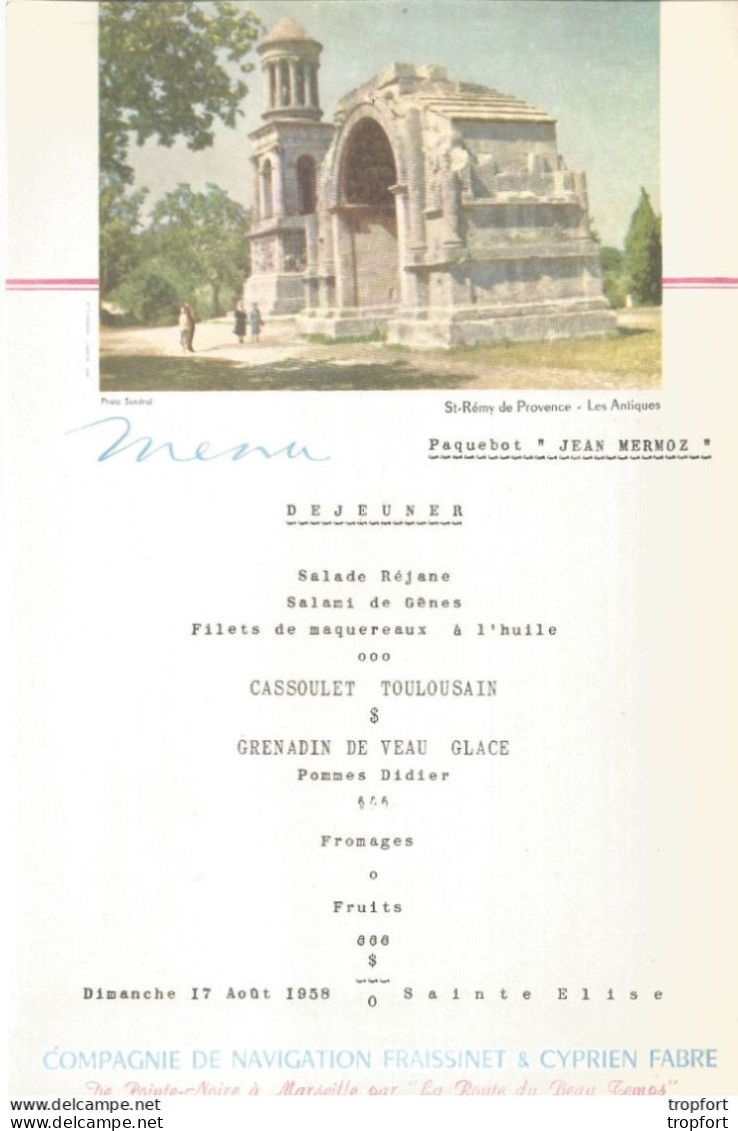 Menu Ancien Paquebot JEAN MERMOZ DINER 1958 ST REMY DE PROVENCE LES ANTIQUES - Menú