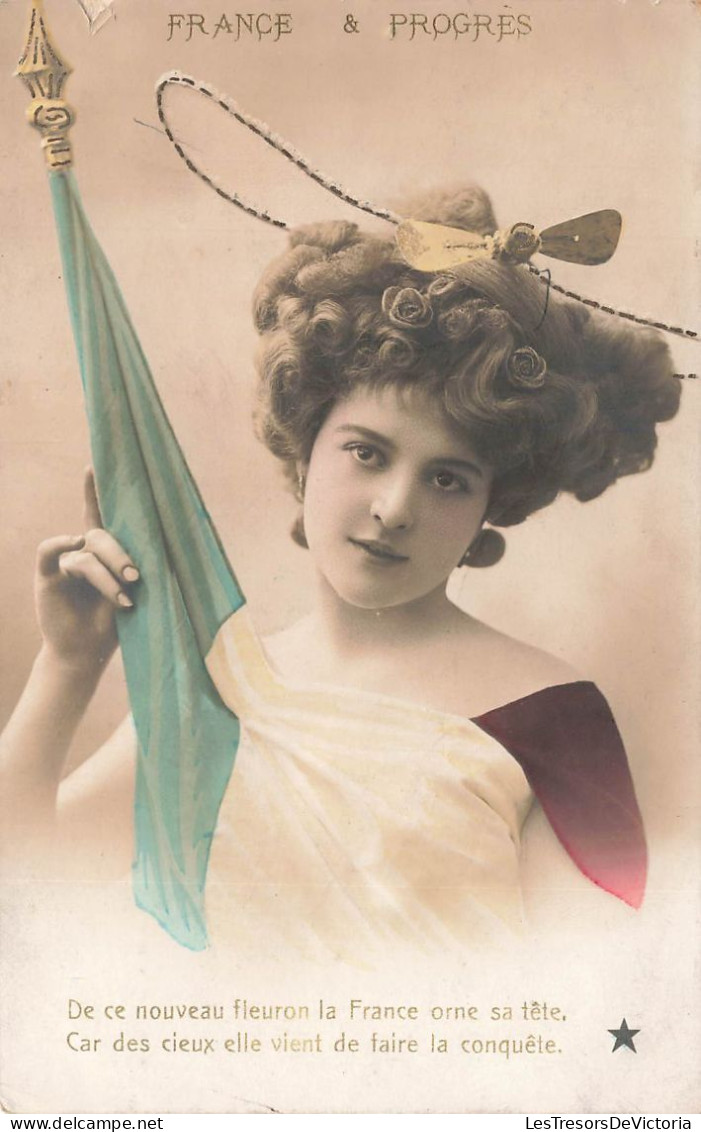 FANTAISIES - Femmes - Femme - France & Progrès - Drapeau - Colorisé - Carte Postale Ancienne - Women