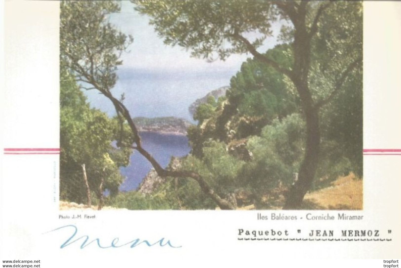 Menu Ancien Paquebot JEAN MERMOZ DINER 1958 Iles BALEARES CORNICHE MIRAMAR - Menus