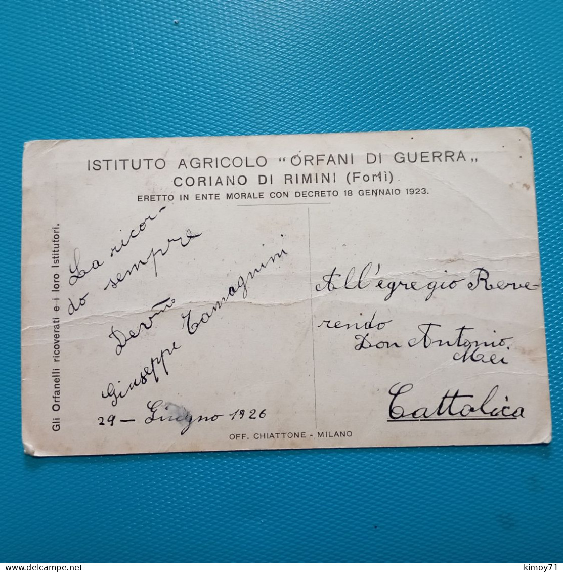 Cartolina Istituto Agricolo "Orfani Di Guerra" - Coriano Di Rimini (Forlì). Viaggiata 1926 - Rimini