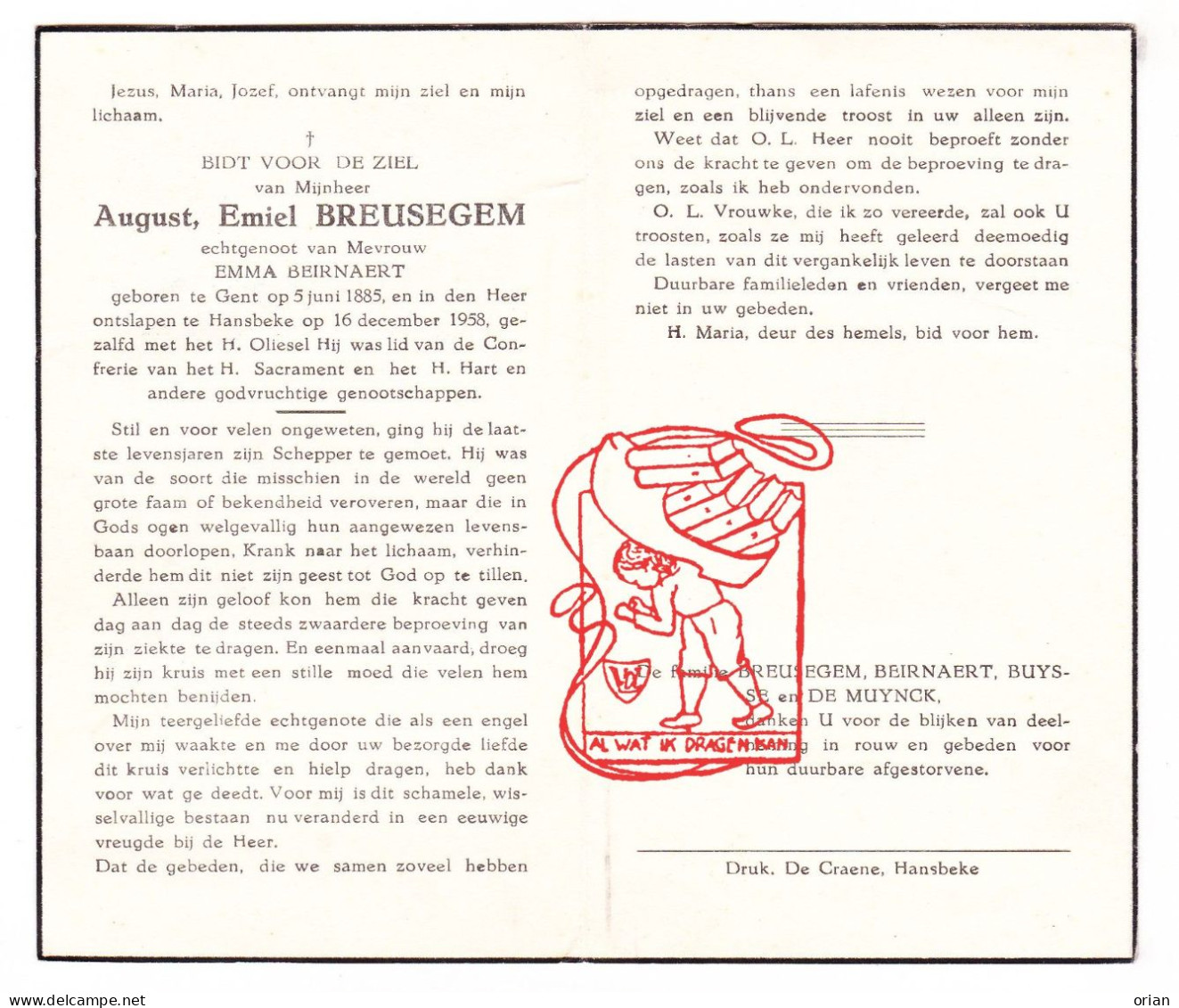 DP August Emiel Breusegem ° Gent 1885 † Hansbeke Nevele 1958 X Emma Beirnaert // Buysse De Muynck - Images Religieuses