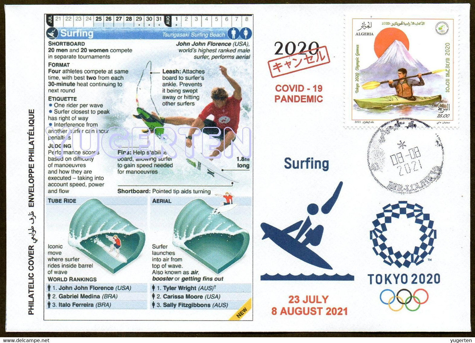 ARGELIA 2021 - Philatelic Cover - Surfing Olympics Tokyo 2020 Olympische Olímpicos Olympic JO Surf Surfen COVID - Verano 2020 : Tokio