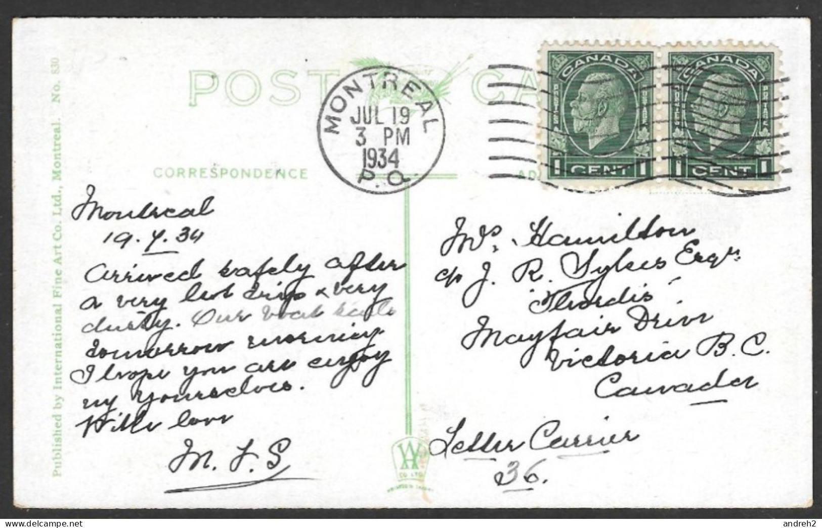 Montreal  Quebec - C.P.A. - No: 830 - Postmarked 1934 2 Nice Stamps - Queen's Hotel Montreal - International Fine Art - Montreal
